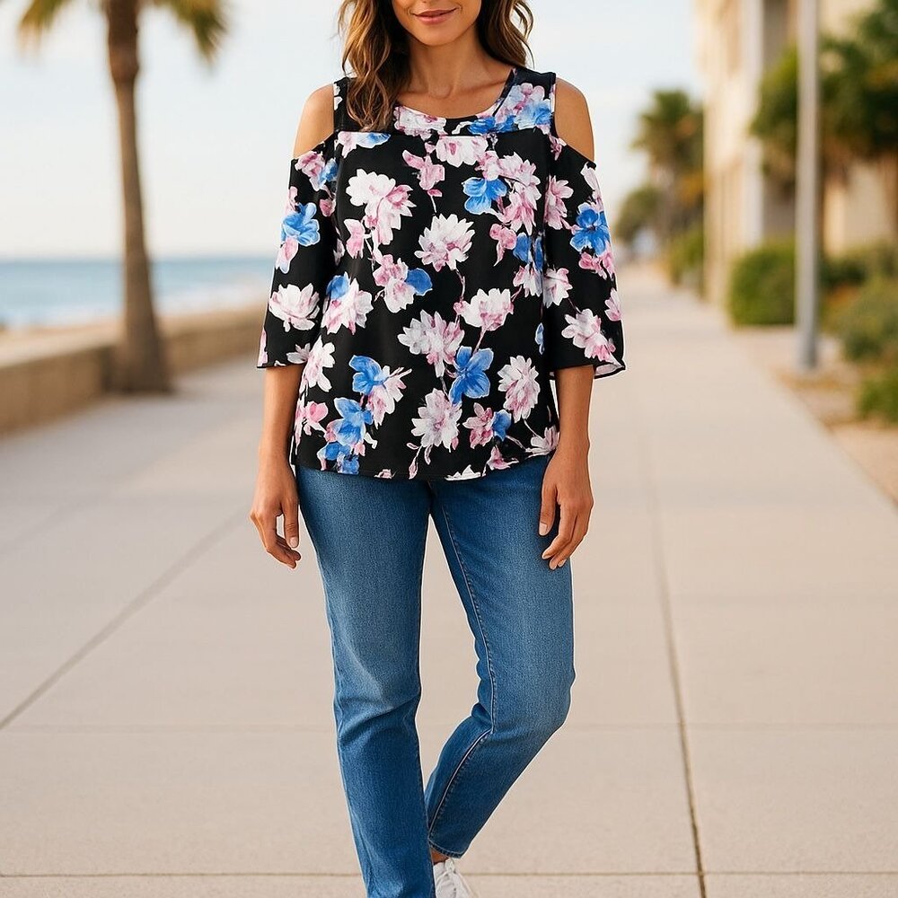 NEW Vince Camuto Shirt Sz Plus 2X Women Black Floral Cold Shoulder Blouse Top - Picture 1 of 8